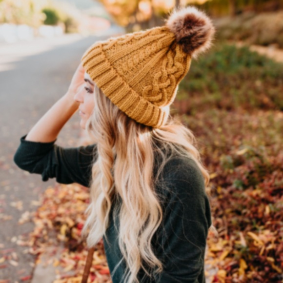 Mustard Knit Pom Pom Beanie - Picture 3 of 4
